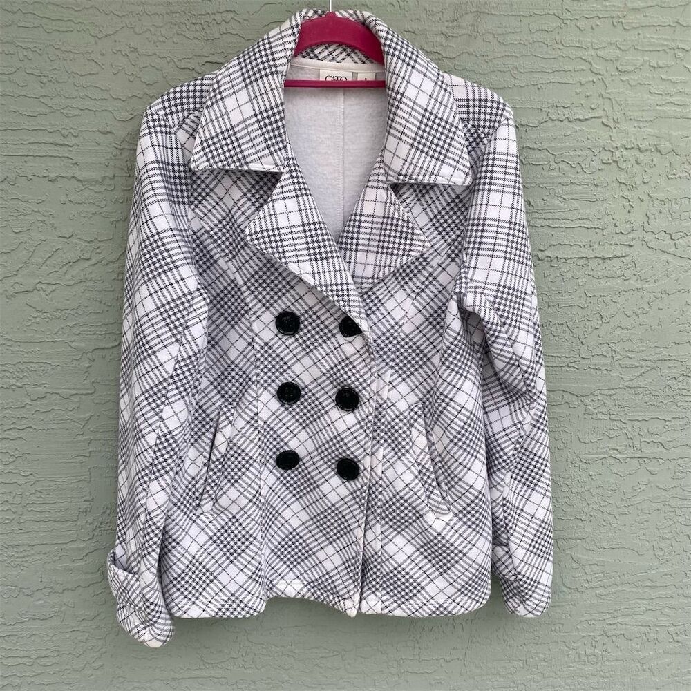 Cato Women's Plaid Double-Breasted Coat Black & White Size S